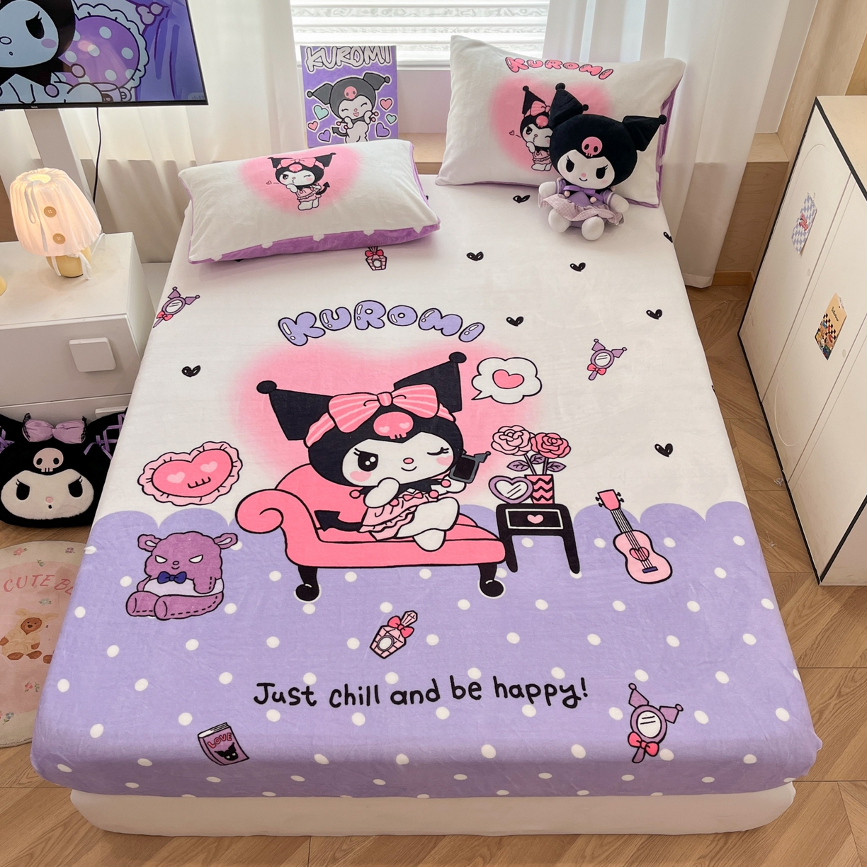 暮思家居 2025新款正版授权三丽鸥大版牛奶绒数码印花单品床笠单件床笠(带标价格） 绒A版-美妆库洛米