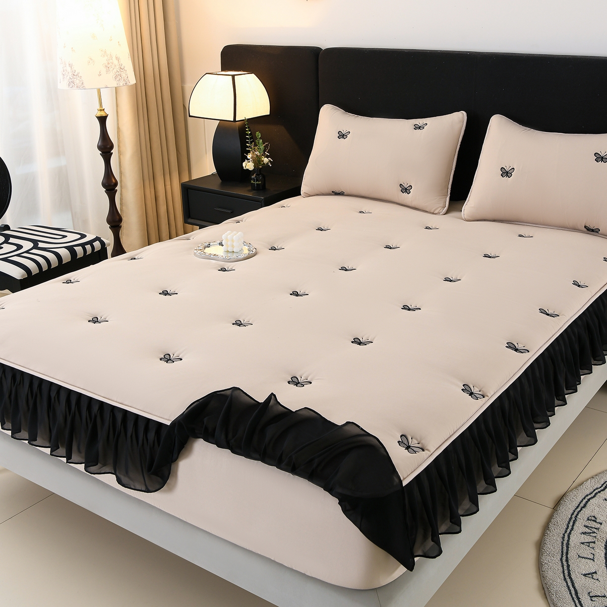 91家纺网 家纺一手货源 找家纺 推推家纺 2025新款A类水洗棉花边床笠单品床笠床笠单件 蝴蝶-卡其