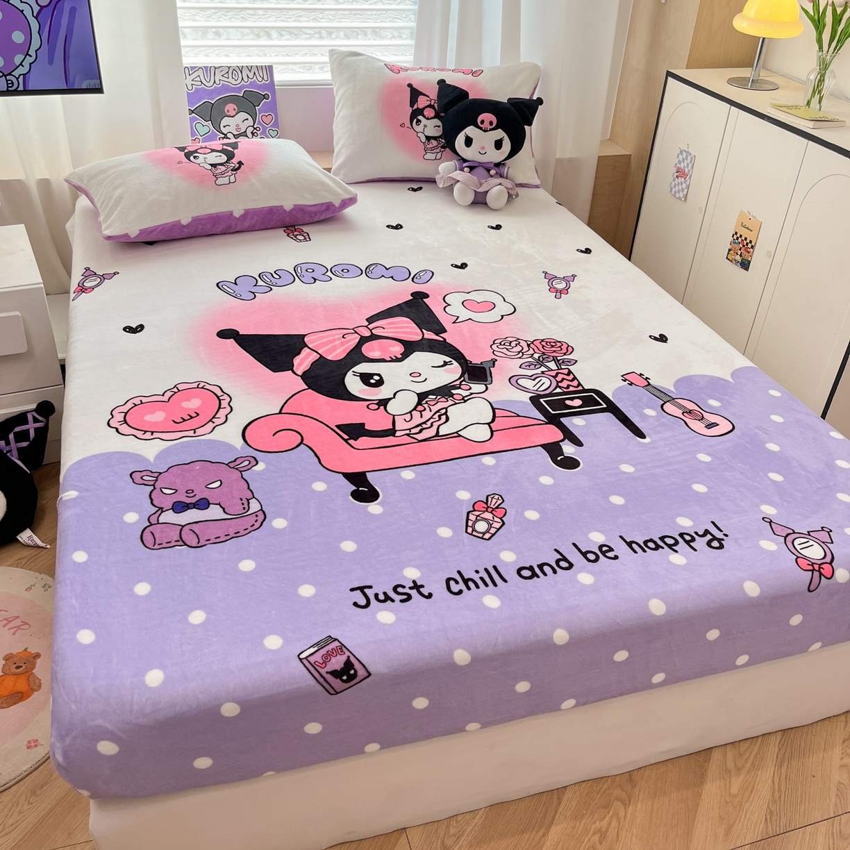 91家纺网 家纺一手货源 找家纺 暮思家居 2025新款正版授权三丽鸥大版牛奶绒数码印花单品床笠单件床笠(带标价格） 绒A版-美妆库洛米