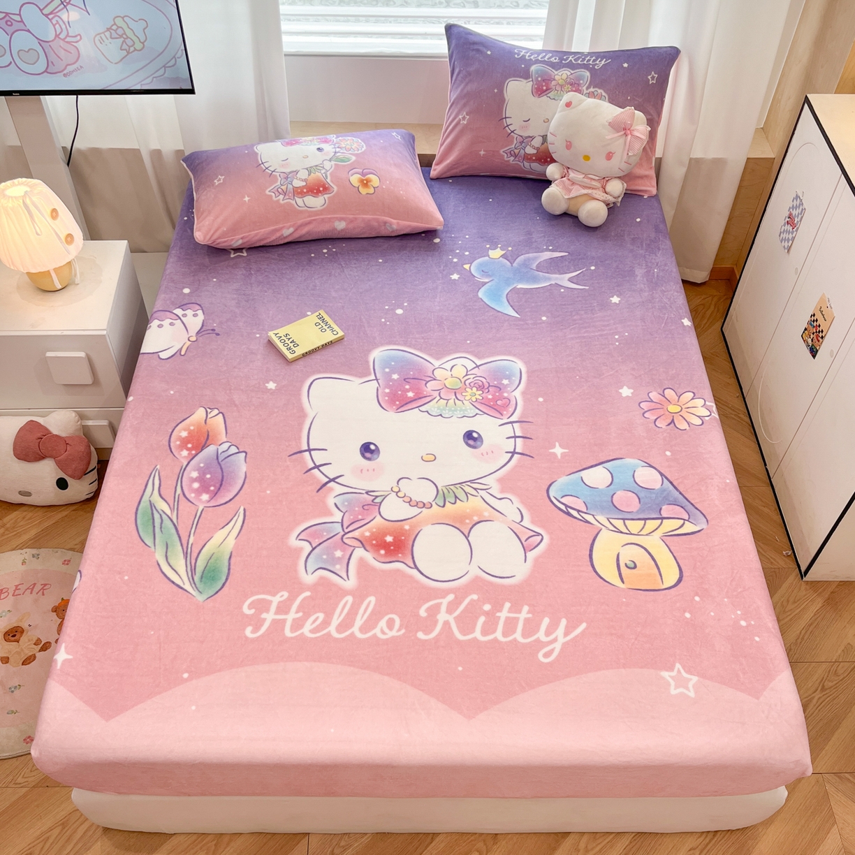 暮思家居 2025新款正版授权三丽鸥大版牛奶绒数码印花单品床笠单件床笠(带标价格） 绒A版-梦幻KT