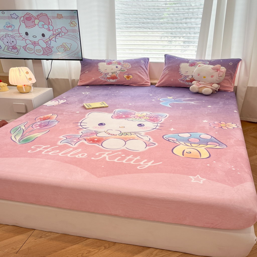 91家纺网 家纺一手货源 找家纺 暮思家居 2025新款正版授权三丽鸥大版牛奶绒数码印花单品床笠单件床笠(带标价格） 绒A版-梦幻KT