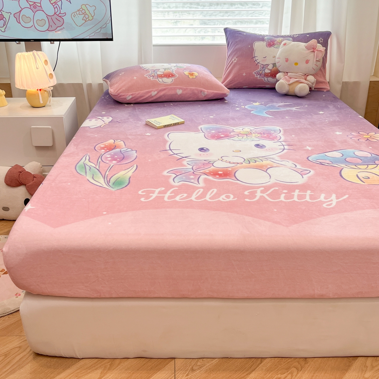 91家纺网 家纺一手货源 找家纺 暮思家居 2025新款正版授权三丽鸥大版牛奶绒数码印花单品床笠单件床笠(带标价格） 绒A版-梦幻KT