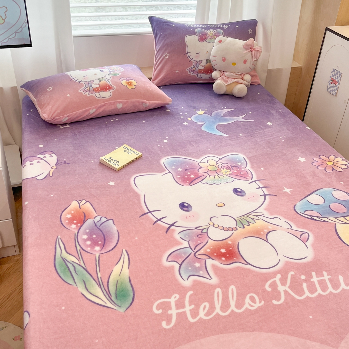 91家纺网 家纺一手货源 找家纺 暮思家居 2025新款正版授权三丽鸥大版牛奶绒数码印花单品床笠单件床笠(带标价格） 绒A版-梦幻KT