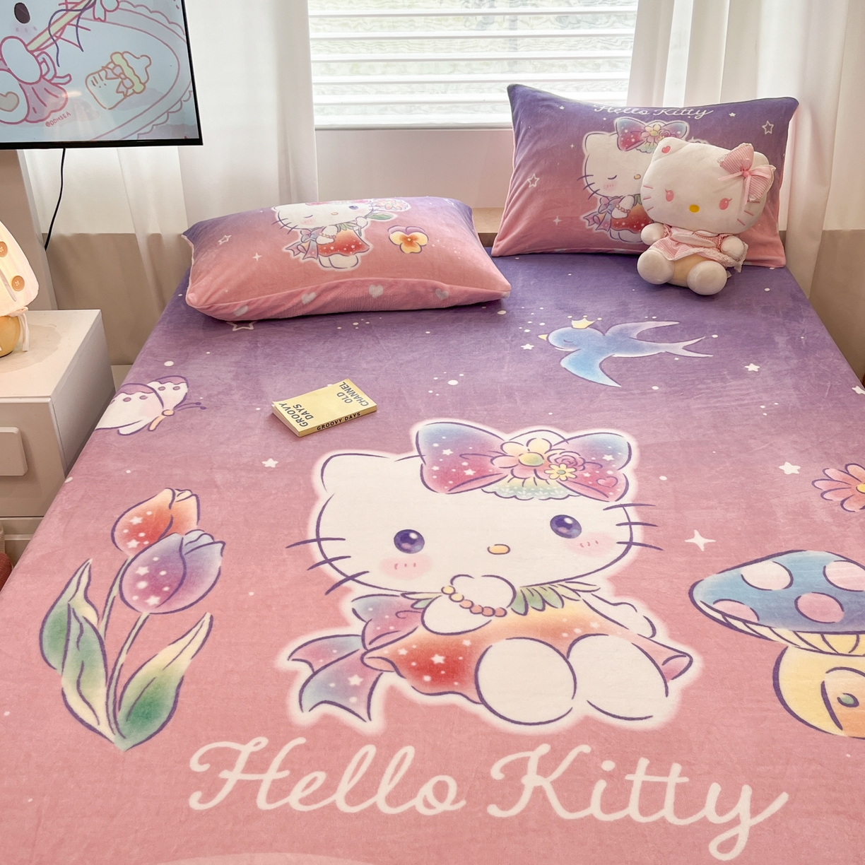 91家纺网 家纺一手货源 找家纺 暮思家居 2025新款正版授权三丽鸥大版牛奶绒数码印花单品床笠单件床笠(带标价格） 绒A版-梦幻KT