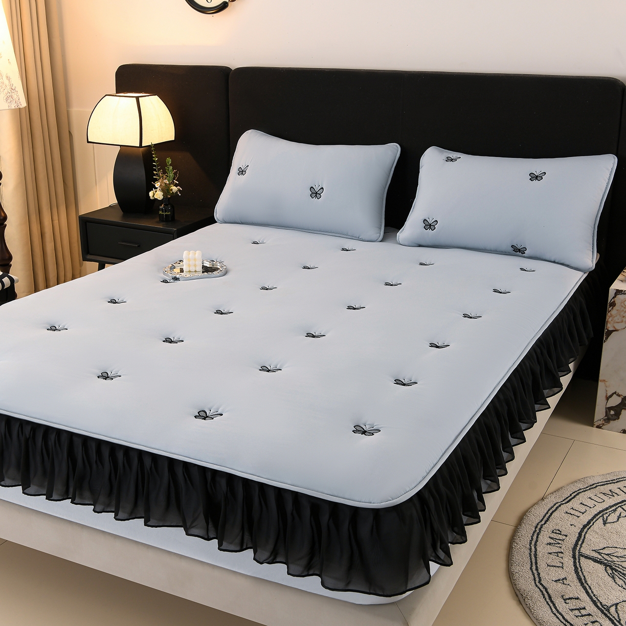 91家纺网 家纺一手货源 找家纺 推推家纺 2025新款A类水洗棉花边床笠单品床笠床笠单件 蝴蝶-蓝色