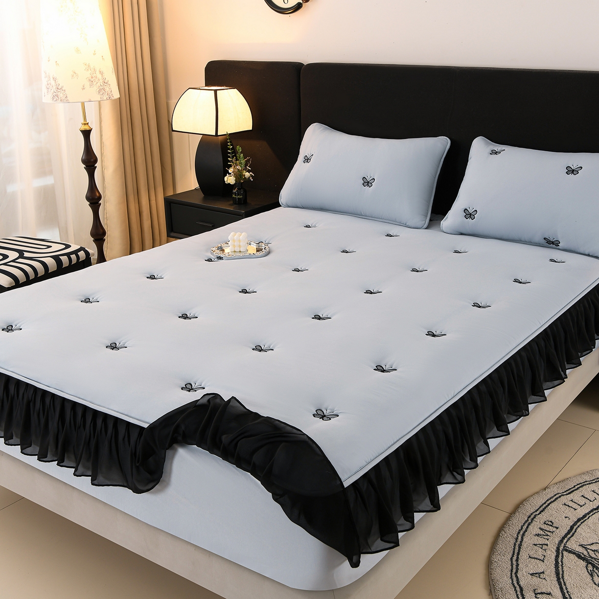 91家纺网 家纺一手货源 找家纺 推推家纺 2025新款A类水洗棉花边床笠单品床笠床笠单件 蝴蝶-蓝色