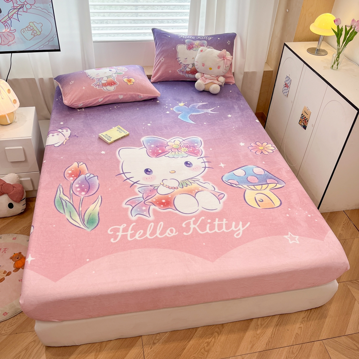 91家纺网 家纺一手货源 找家纺 暮思家居 2025新款正版授权三丽鸥大版牛奶绒数码印花单品床笠单件床笠(带标价格） 绒A版-梦幻KT