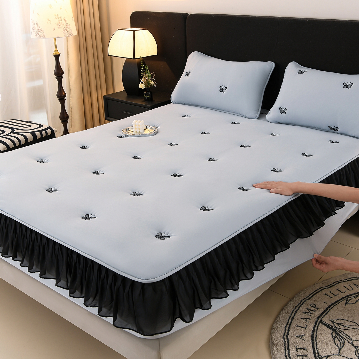 91家纺网 家纺一手货源 找家纺 推推家纺 2025新款A类水洗棉花边床笠单品床笠床笠单件 蝴蝶-蓝色