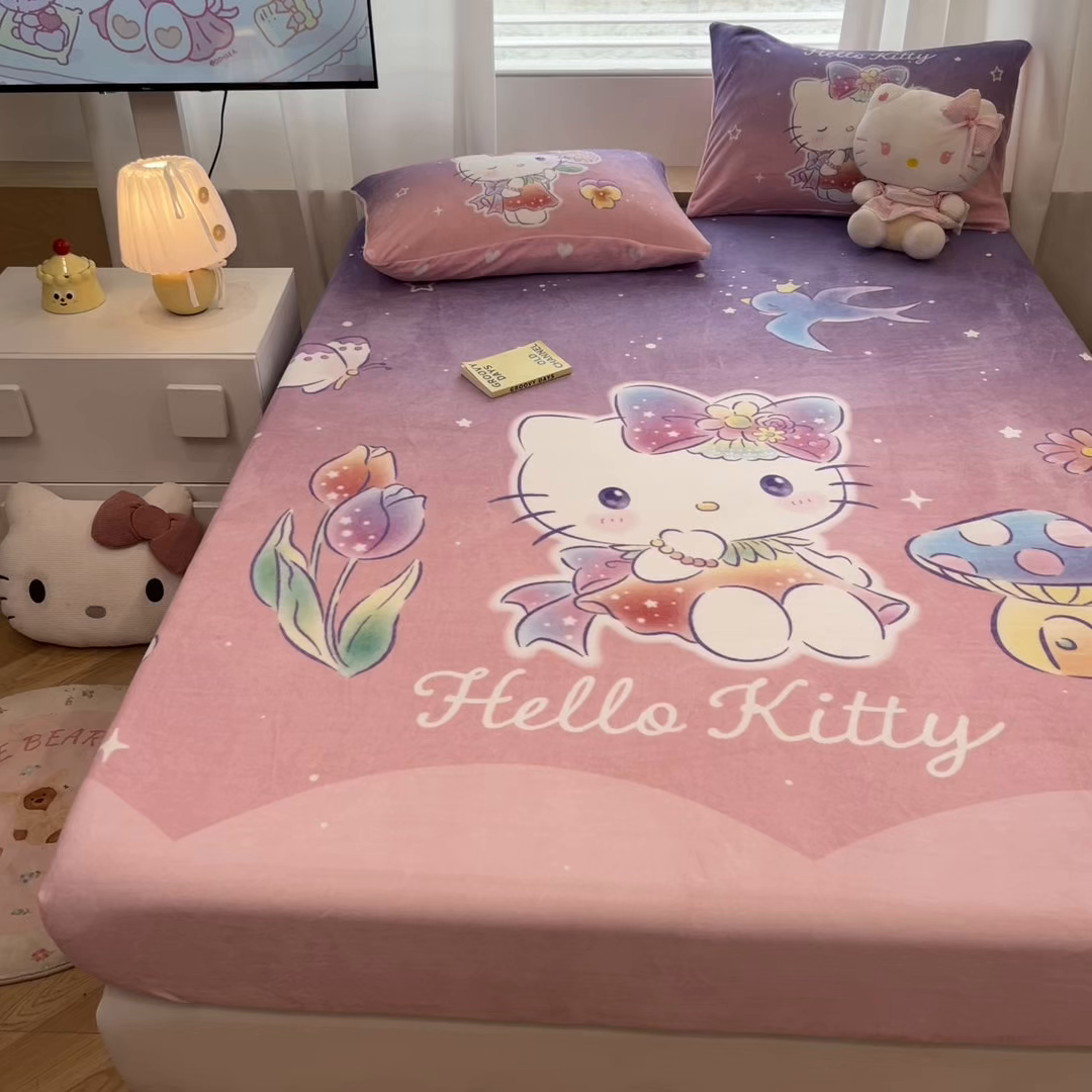 91家纺网 家纺一手货源 找家纺 暮思家居 2025新款正版授权三丽鸥大版牛奶绒数码印花单品床笠单件床笠(带标价格） 绒A版-梦幻KT