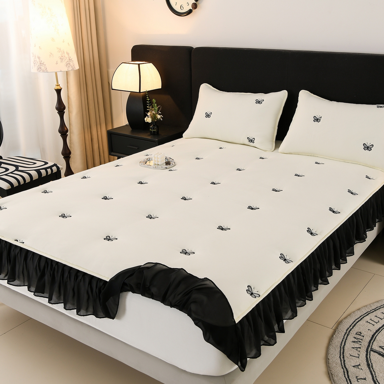 91家纺网 家纺一手货源 找家纺 推推家纺 2025新款A类水洗棉花边床笠单品床笠床笠单件 蝴蝶-米白