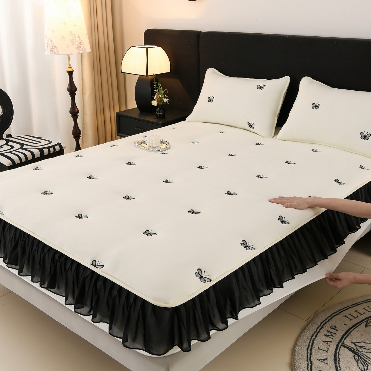 91家纺网 家纺一手货源 找家纺 推推家纺 2025新款A类水洗棉花边床笠单品床笠床笠单件 蝴蝶-米白