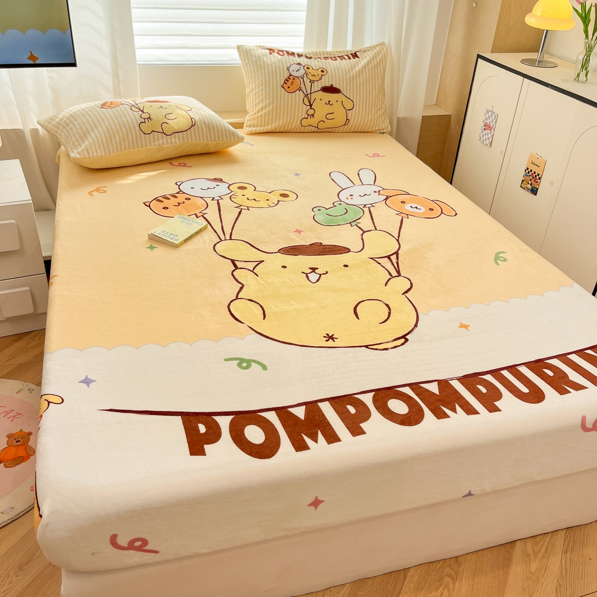 91家纺网 家纺一手货源 找家纺 暮思家居 2025新款正版授权三丽鸥大版牛奶绒数码印花单品床笠单件床笠(带标价格） 绒A版-奶黄包布丁狗