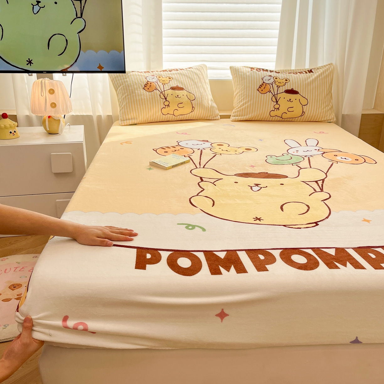 91家纺网 家纺一手货源 找家纺 暮思家居 2025新款正版授权三丽鸥大版牛奶绒数码印花单品床笠单件床笠(带标价格） 绒A版-奶黄包布丁狗