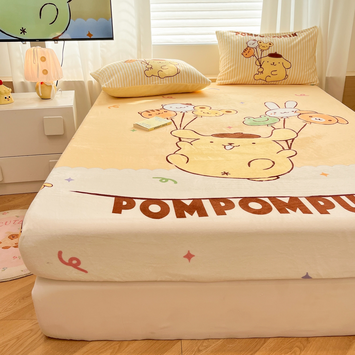 91家纺网 家纺一手货源 找家纺 暮思家居 2025新款正版授权三丽鸥大版牛奶绒数码印花单品床笠单件床笠(带标价格） 绒A版-奶黄包布丁狗