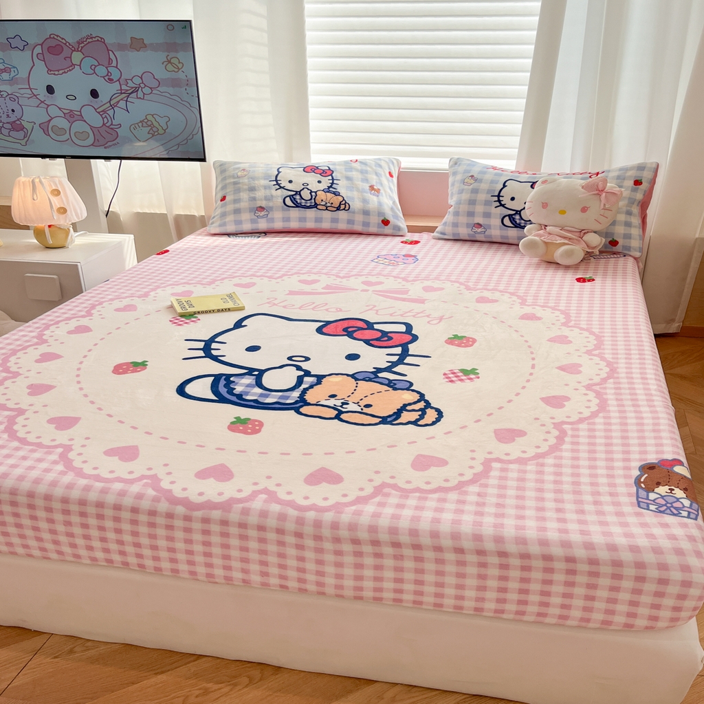 91家纺网 家纺一手货源 找家纺 暮思家居 2025新款正版授权三丽鸥大版牛奶绒数码印花单品床笠单件床笠(带标价格） 绒A版-奶油KT