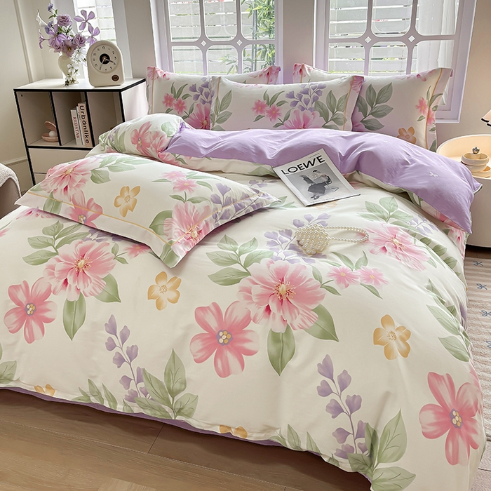 91家纺网 家纺一手货源 找家纺  宇彬家纺 2025直播新款13070全棉纯棉印花床单床笠款四件套和单被套一字绣工艺款 一字绣 夏日