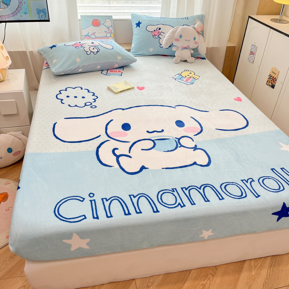 91家纺网 家纺一手货源 找家纺 暮思家居 2025新款正版授权三丽鸥大版牛奶绒数码印花单品床笠单件床笠(带标价格） 绒A版-甜品大耳狗