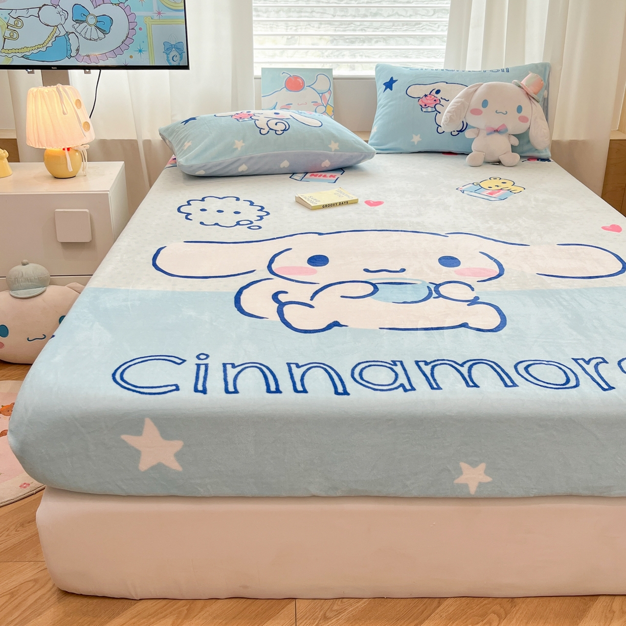 91家纺网 家纺一手货源 找家纺 暮思家居 2025新款正版授权三丽鸥大版牛奶绒数码印花单品床笠单件床笠(带标价格） 绒A版-甜品大耳狗