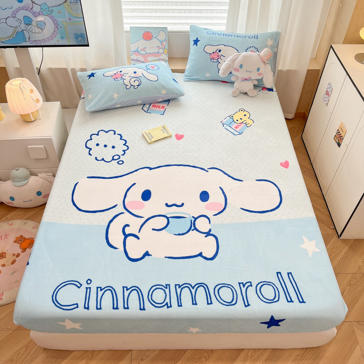 91家纺网 家纺一手货源 找家纺 暮思家居 2025新款正版授权三丽鸥大版牛奶绒数码印花单品床笠单件床笠(带标价格） 绒A版-甜品大耳狗