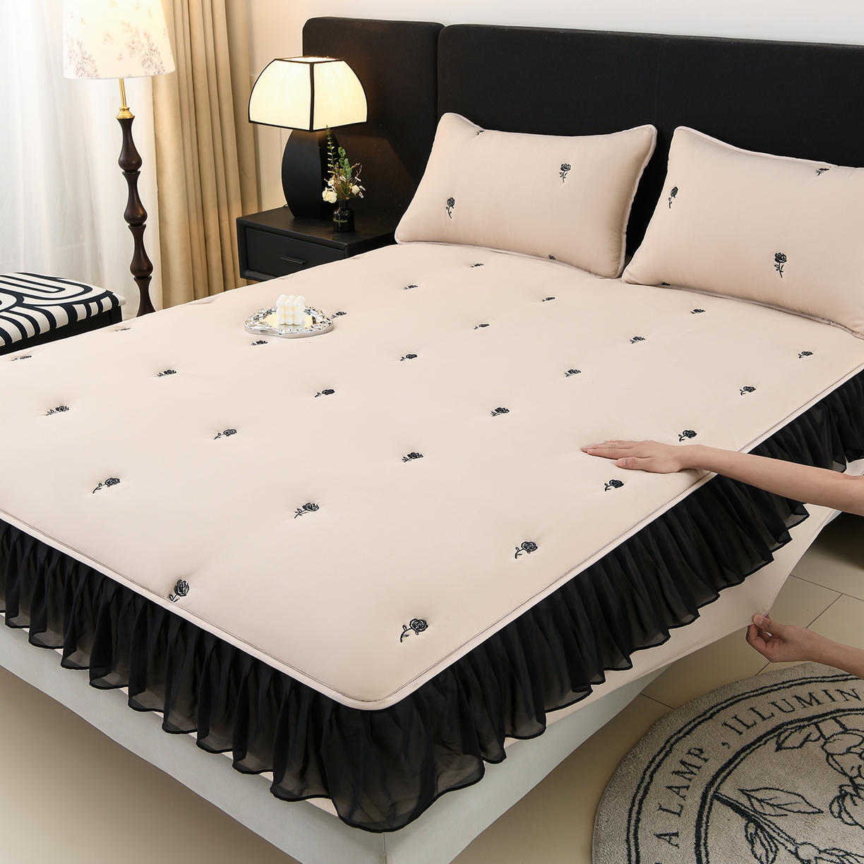 91家纺网 家纺一手货源 找家纺 推推家纺 2025新款A类水洗棉花边床笠单品床笠床笠单件 花边款玫瑰-卡其