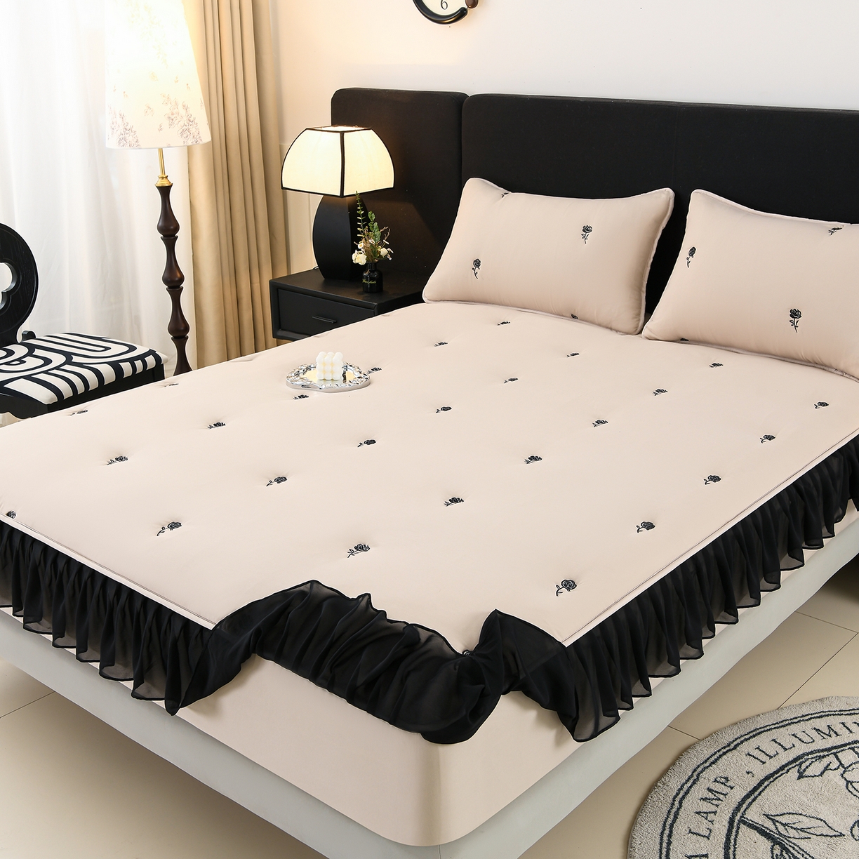 91家纺网 家纺一手货源 找家纺 推推家纺 2025新款A类水洗棉花边床笠单品床笠床笠单件 花边款玫瑰-卡其