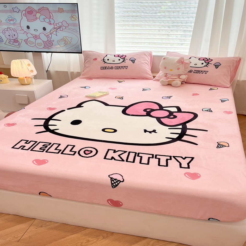 91家纺网 家纺一手货源 找家纺 暮思家居 2025新款正版授权三丽鸥大版牛奶绒数码印花单品床笠单件床笠(带标价格） 绒A版-甜筒KT