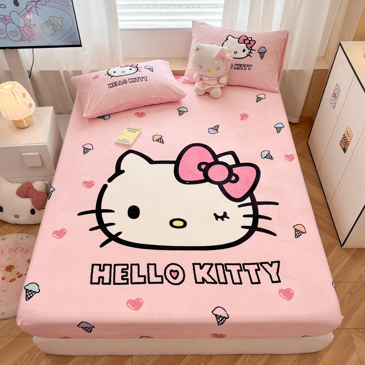 91家纺网 家纺一手货源 找家纺 暮思家居 2025新款正版授权三丽鸥大版牛奶绒数码印花单品床笠单件床笠(带标价格） 绒A版-甜筒KT