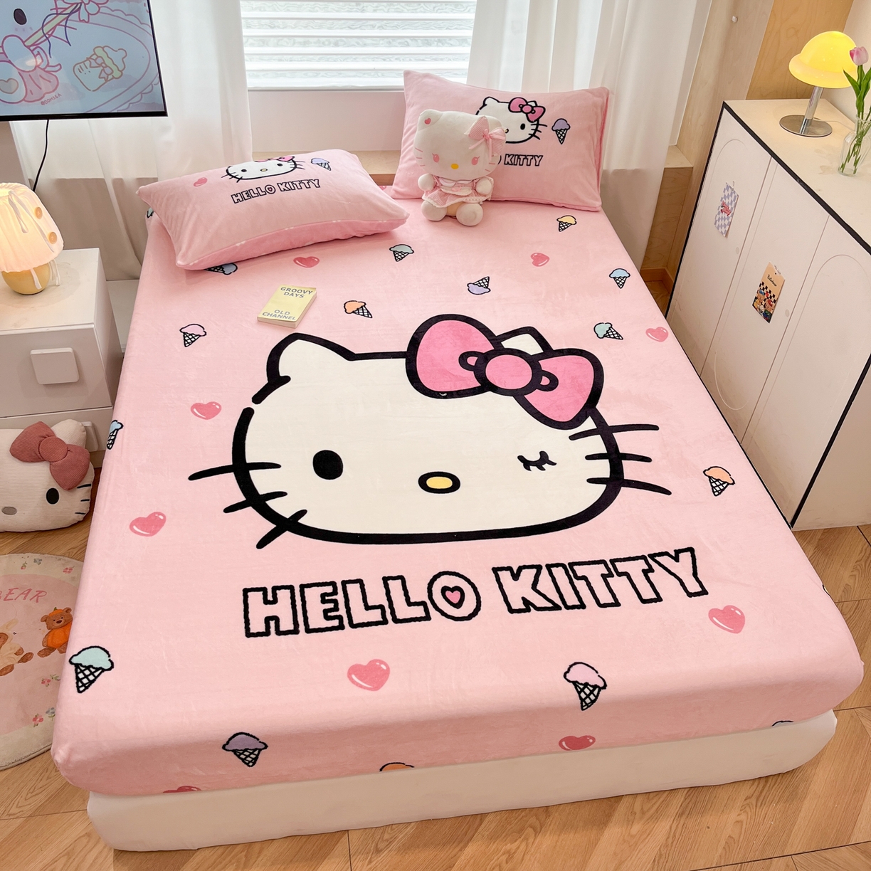 91家纺网 家纺一手货源 找家纺 暮思家居 2025新款正版授权三丽鸥大版牛奶绒数码印花单品床笠单件床笠(带标价格） 绒A版-甜筒KT