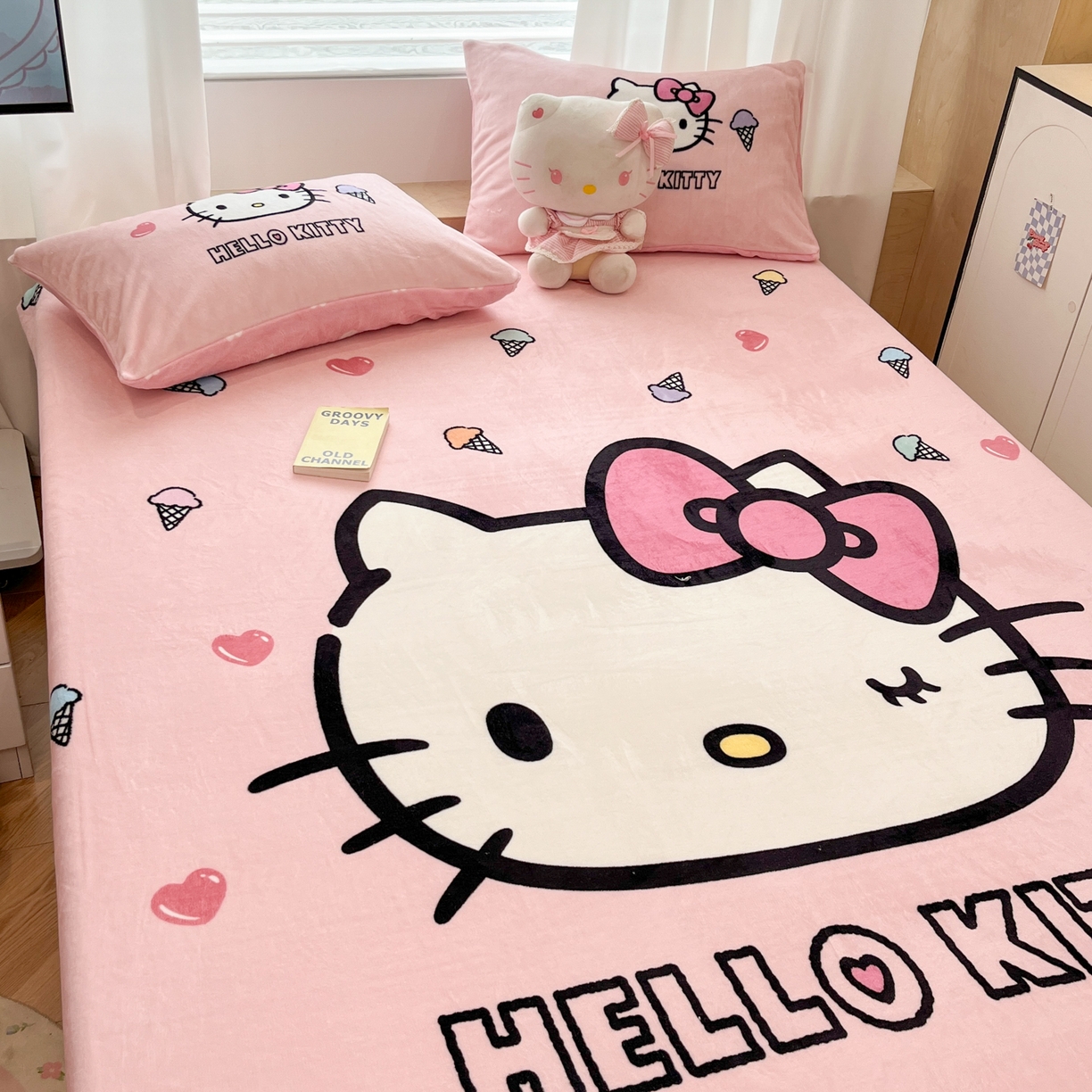 91家纺网 家纺一手货源 找家纺 暮思家居 2025新款正版授权三丽鸥大版牛奶绒数码印花单品床笠单件床笠(带标价格） 绒A版-甜筒KT