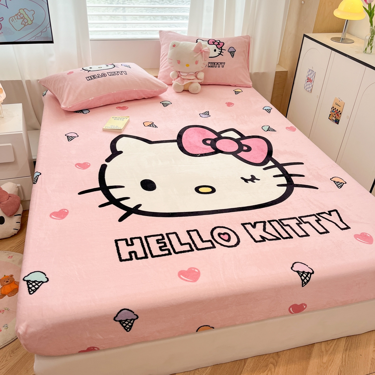 91家纺网 家纺一手货源 找家纺 暮思家居 2025新款正版授权三丽鸥大版牛奶绒数码印花单品床笠单件床笠(带标价格） 绒A版-甜筒KT