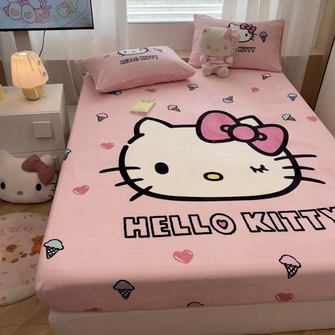 91家纺网 家纺一手货源 找家纺 暮思家居 2025新款正版授权三丽鸥大版牛奶绒数码印花单品床笠单件床笠(带标价格） 绒A版-甜筒KT