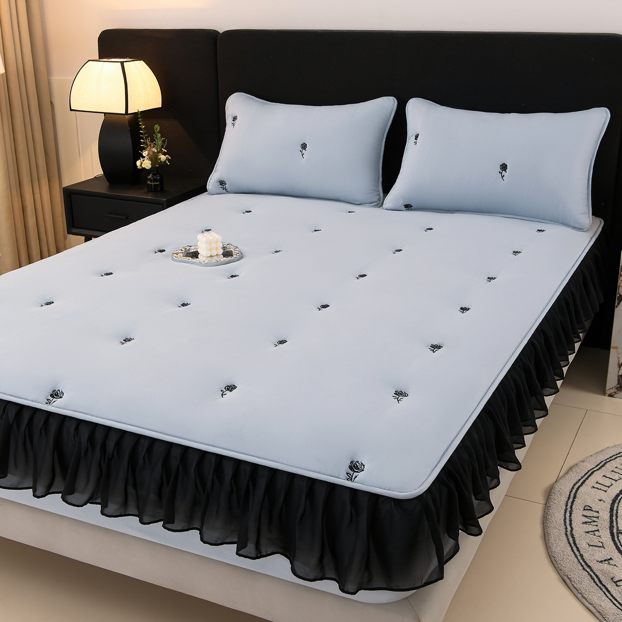 91家纺网 家纺一手货源 找家纺 推推家纺 2025新款A类水洗棉花边床笠单品床笠床笠单件 花边款玫瑰-蓝色