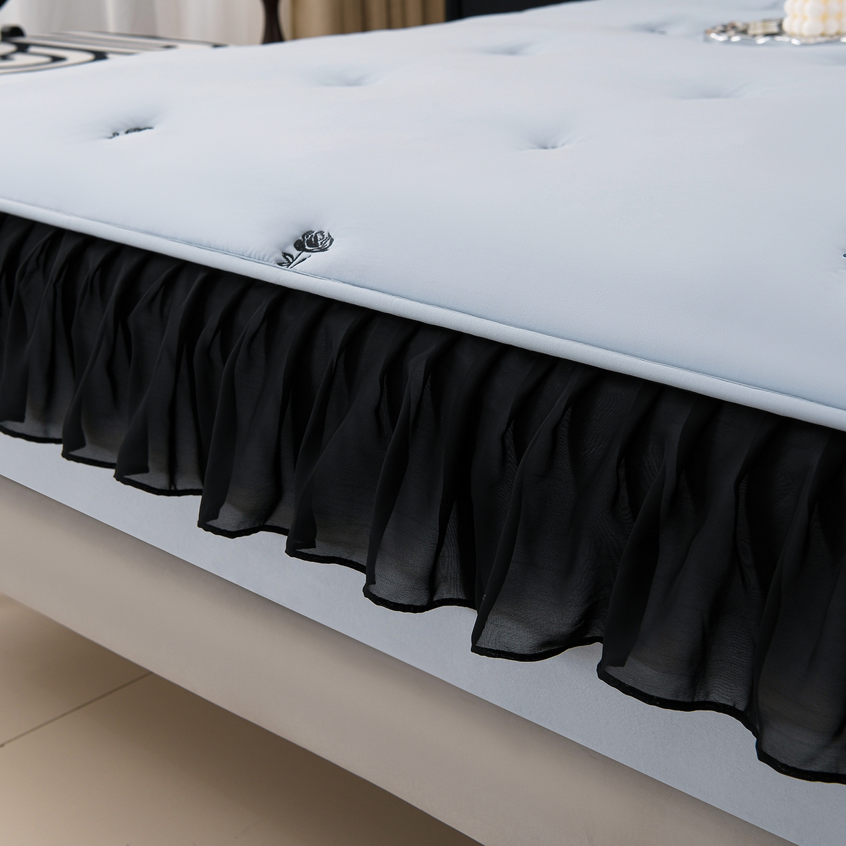 91家纺网 家纺一手货源 找家纺 推推家纺 2025新款A类水洗棉花边床笠单品床笠床笠单件 花边款玫瑰-蓝色