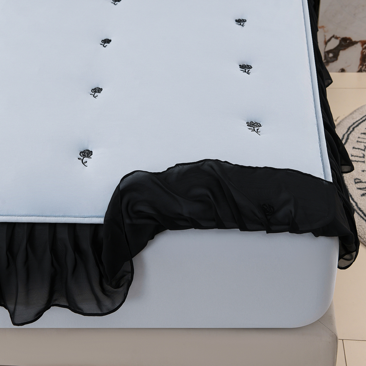 91家纺网 家纺一手货源 找家纺 推推家纺 2025新款A类水洗棉花边床笠单品床笠床笠单件 花边款玫瑰-蓝色