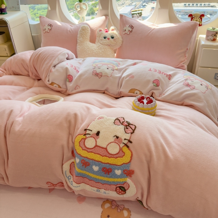 丝羽坊 2025新款A类潮款加厚牛奶绒四件套 奶芙猫咪