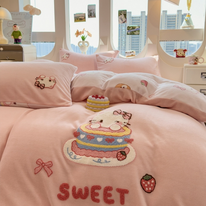 91家纺网 家纺一手货源 找家纺 丝羽坊 2025新款A类潮款加厚牛奶绒四件套 奶芙猫咪