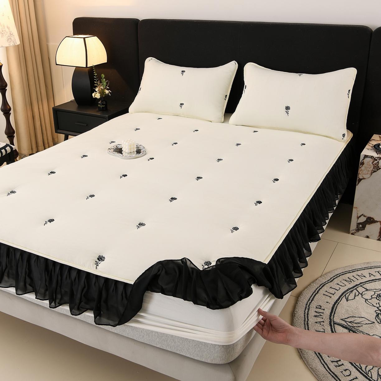 推推家纺 2025新款A类水洗棉花边床笠单品床笠床笠单件 花边款玫瑰-米白