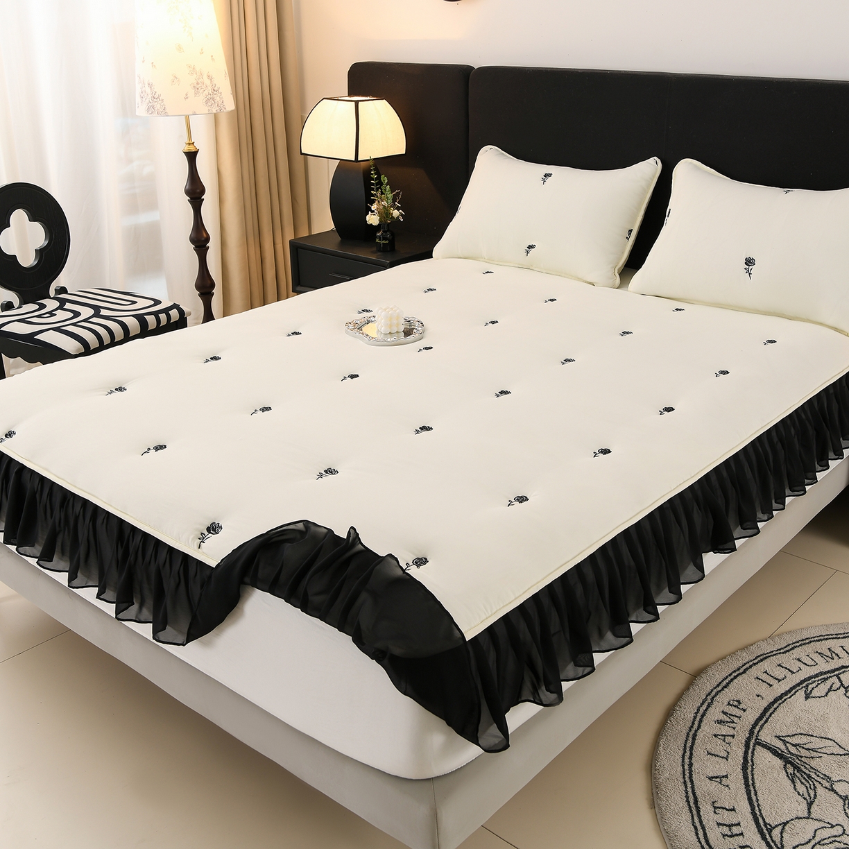 91家纺网 家纺一手货源 找家纺 推推家纺 2025新款A类水洗棉花边床笠单品床笠床笠单件 花边款玫瑰-米白