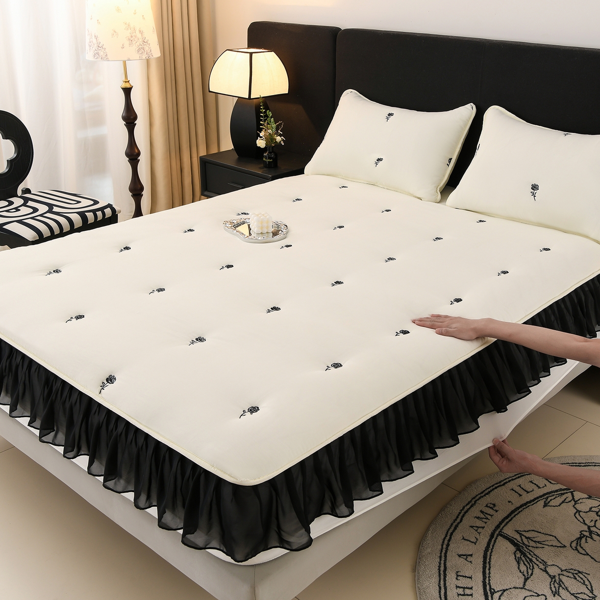 91家纺网 家纺一手货源 找家纺 推推家纺 2025新款A类水洗棉花边床笠单品床笠床笠单件 花边款玫瑰-米白