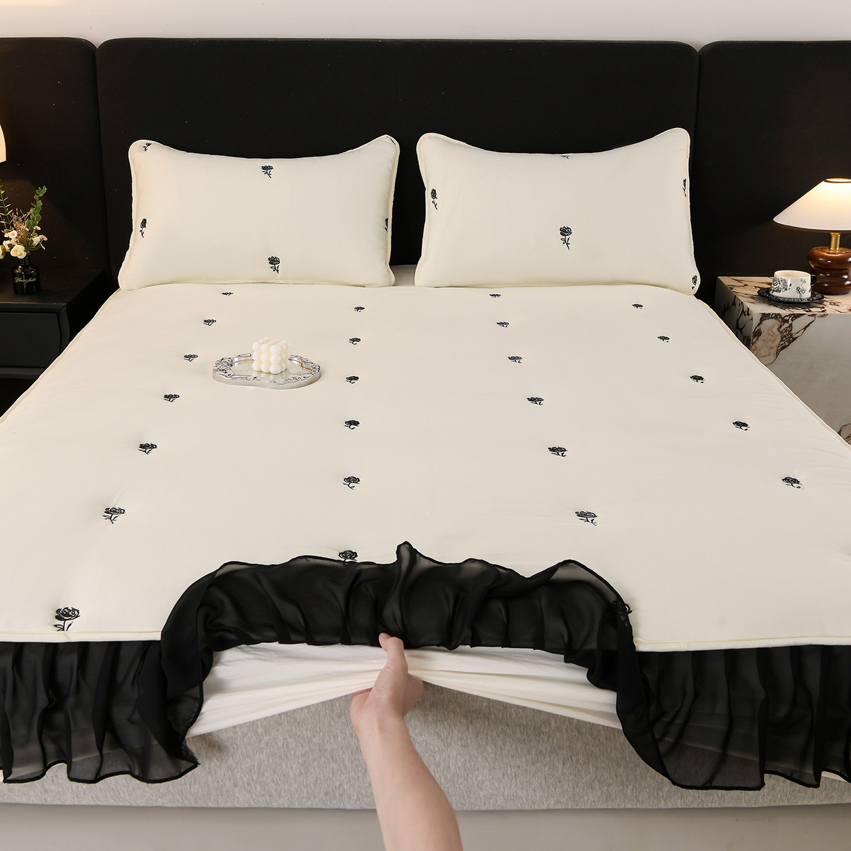 91家纺网 家纺一手货源 找家纺 推推家纺 2025新款A类水洗棉花边床笠单品床笠床笠单件 花边款玫瑰-米白