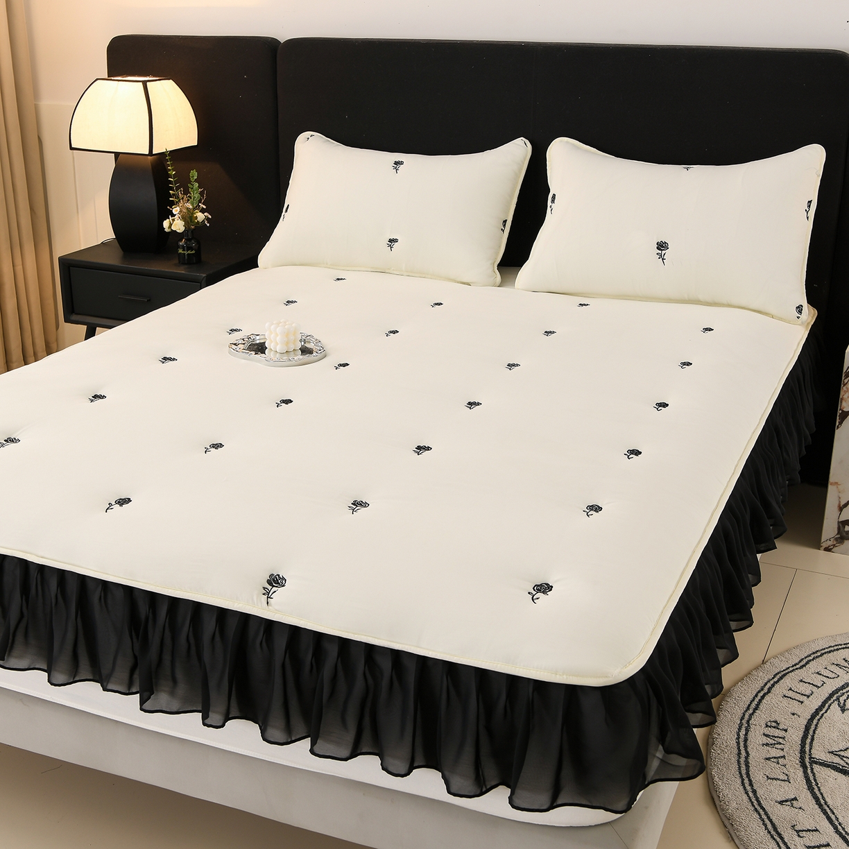 91家纺网 家纺一手货源 找家纺 推推家纺 2025新款A类水洗棉花边床笠单品床笠床笠单件 花边款玫瑰-米白