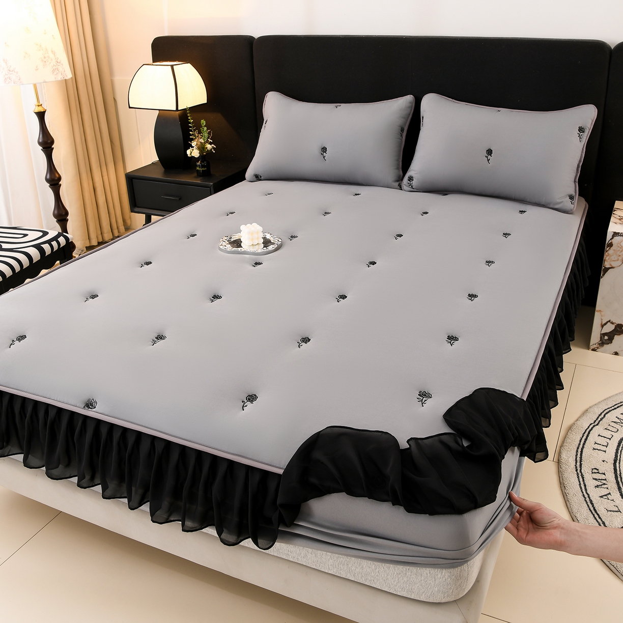 推推家纺 2025新款A类水洗棉花边床笠单品床笠床笠单件 花边款玫瑰-深灰