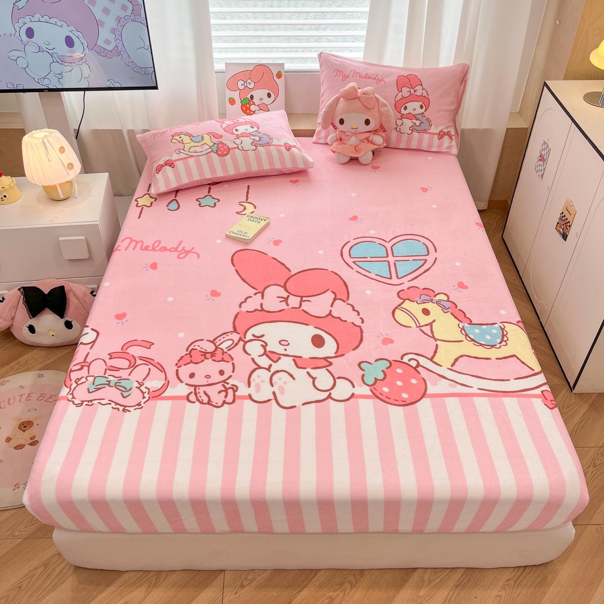 暮思家居 2025新款正版授权三丽鸥大版牛奶绒数码印花单品床笠单件床笠(带标价格） 绒A版-条纹美乐蒂