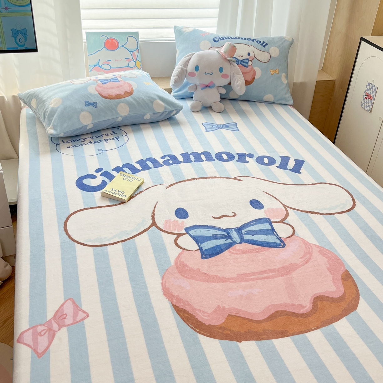 91家纺网 家纺一手货源 找家纺 暮思家居 2025新款正版授权三丽鸥大版牛奶绒数码印花单品床笠单件床笠(带标价格） 绒A版-条纹玉桂狗