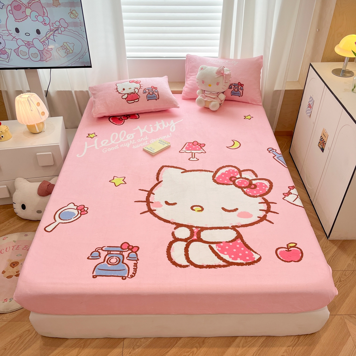 暮思家居 2025新款正版授权三丽鸥大版牛奶绒数码印花单品床笠单件床笠(带标价格） 绒A版-晚安KT