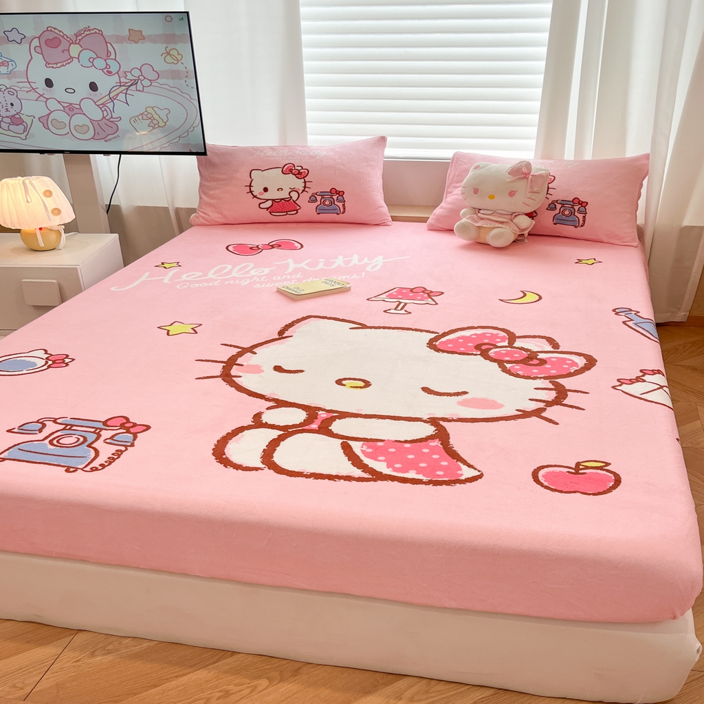 91家纺网 家纺一手货源 找家纺 暮思家居 2025新款正版授权三丽鸥大版牛奶绒数码印花单品床笠单件床笠(带标价格） 绒A版-晚安KT