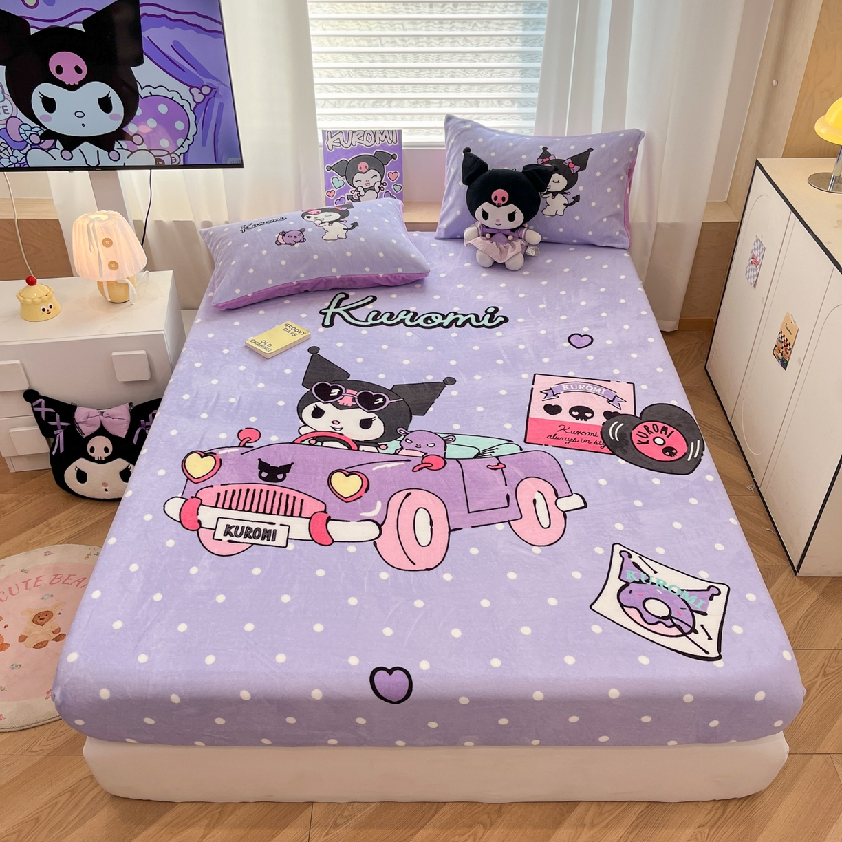 91家纺网 家纺一手货源 找家纺 暮思家居 2025新款正版授权三丽鸥大版牛奶绒数码印花单品床笠单件床笠(带标价格） 绒A版-小汽车库洛米