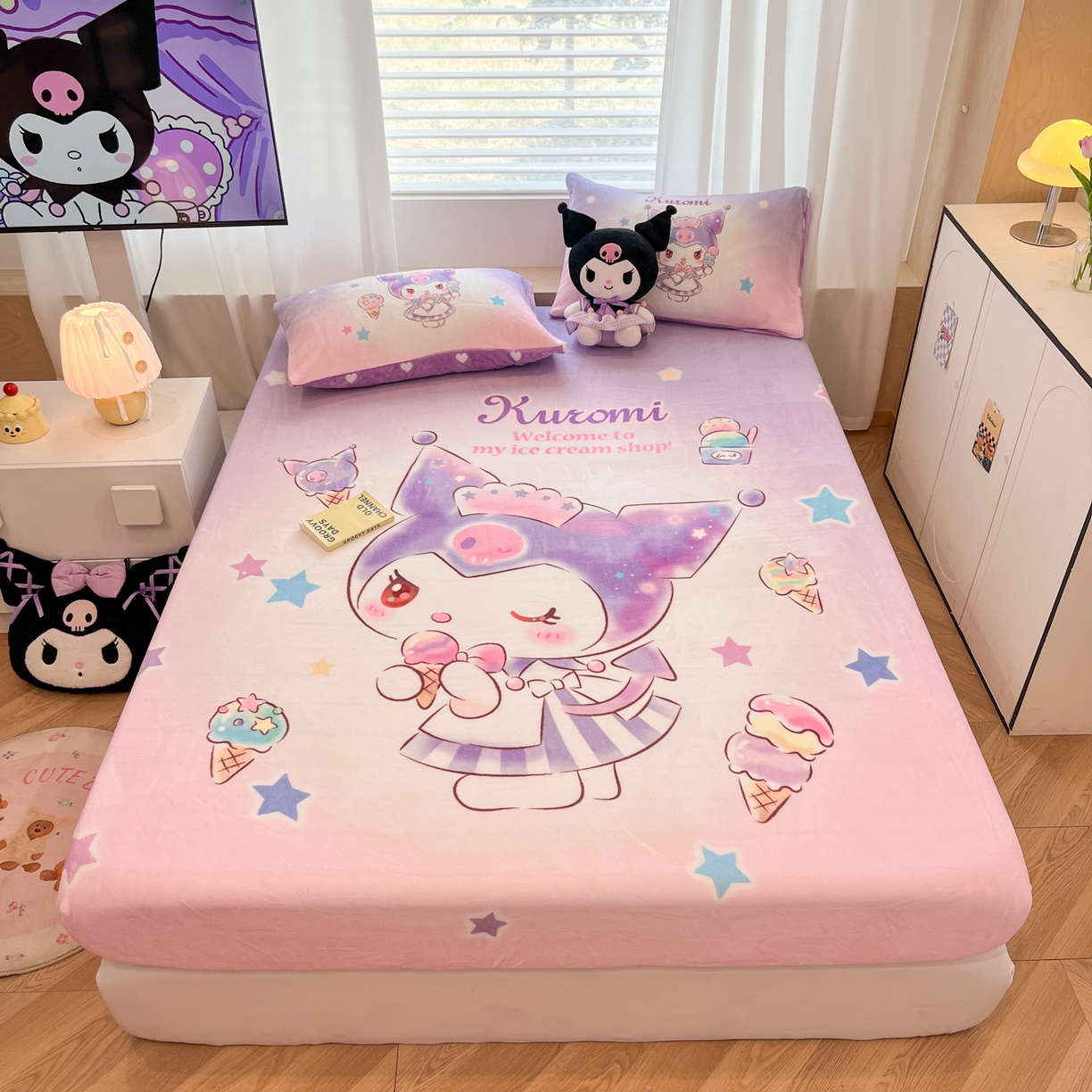 暮思家居 2025新款正版授权三丽鸥大版牛奶绒数码印花单品床笠单件床笠(带标价格） 绒A版-炫彩库洛米