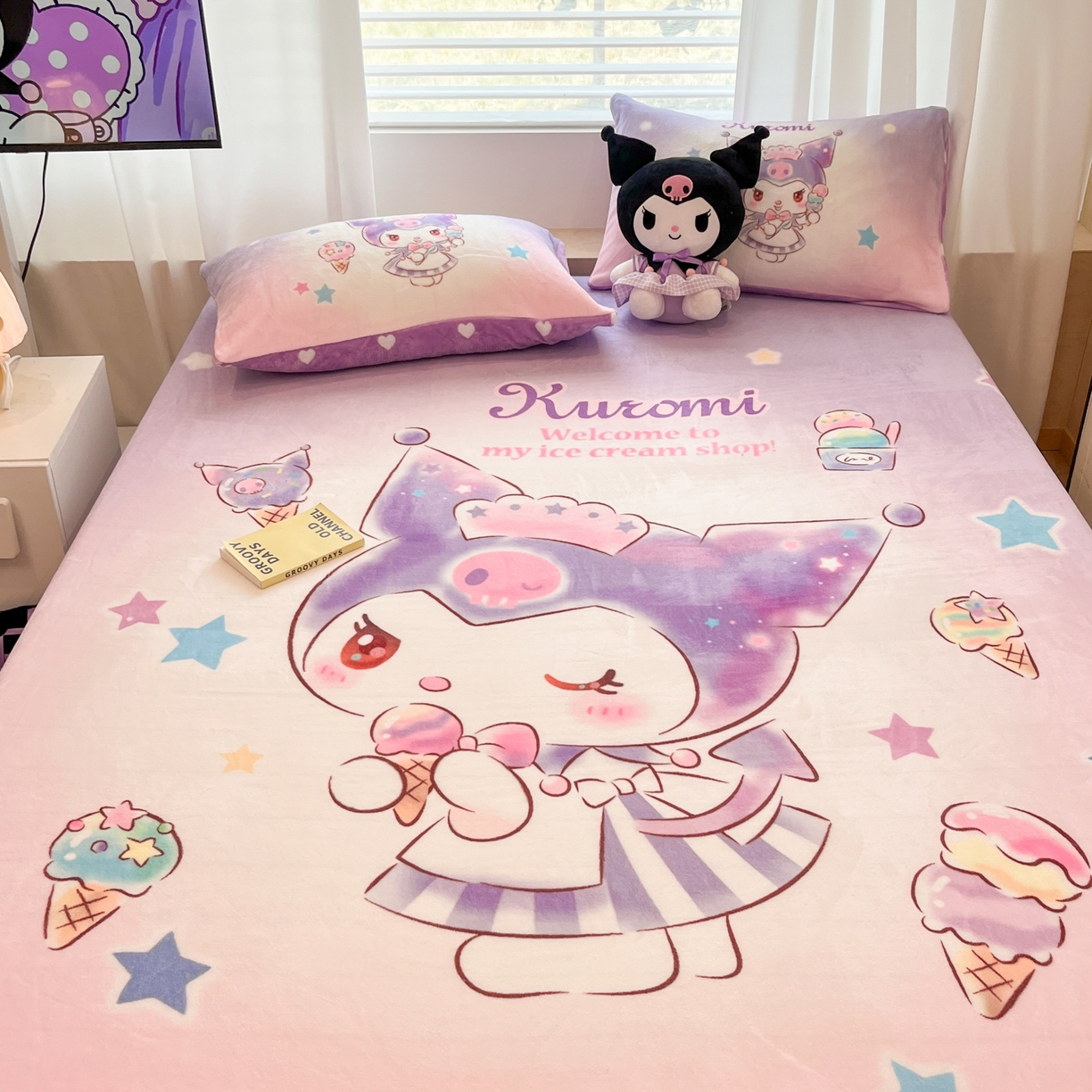 91家纺网 家纺一手货源 找家纺 暮思家居 2025新款正版授权三丽鸥大版牛奶绒数码印花单品床笠单件床笠(带标价格） 绒A版-炫彩库洛米