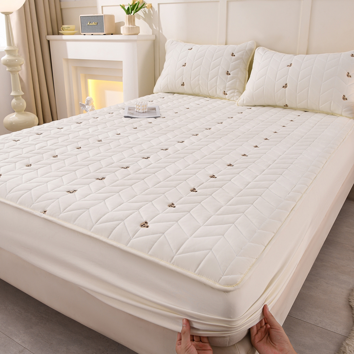 推推家纺 2025新款A类水洗棉床笠单品床笠床笠单件 可爱熊-卡米白